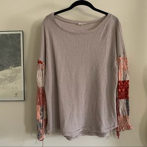 In Loom Waffle Knit Patchwork Balloon Sleeve Top